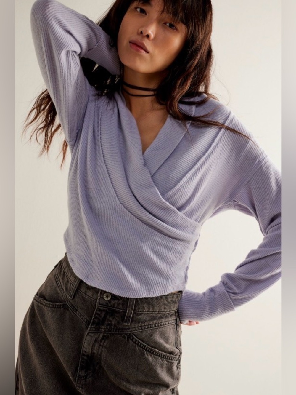 Free People Hold me Close Lavender Wrap Ribbed V-Neck Sweater
